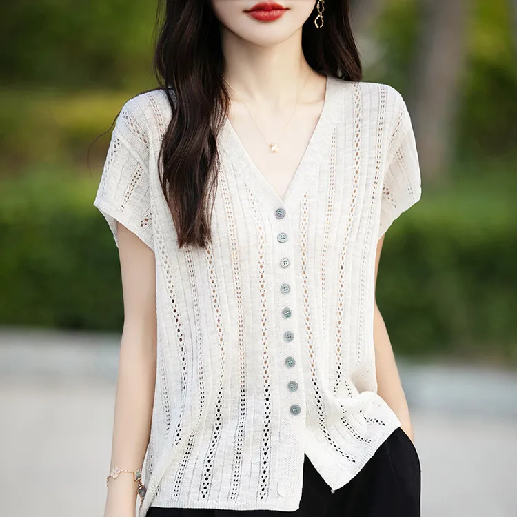 设计感V领镂空短袖T恤女夏季时尚新款百搭白色针织开衫洋气上衣