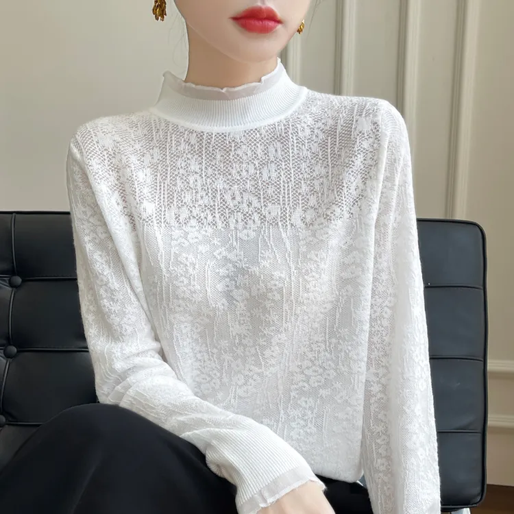 法式甜美蕾丝钩花长袖针织打底衫女半高领毛衣宽松外穿木耳领上衣