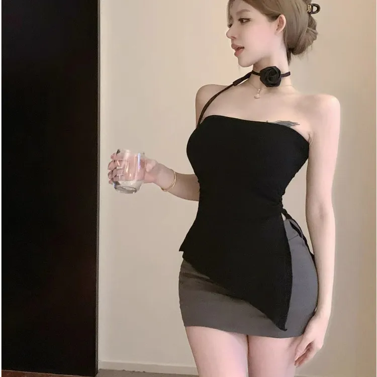 甜辣妹抹胸背心女夏季带胸垫修身裹胸外穿不规则无袖内搭开叉上衣