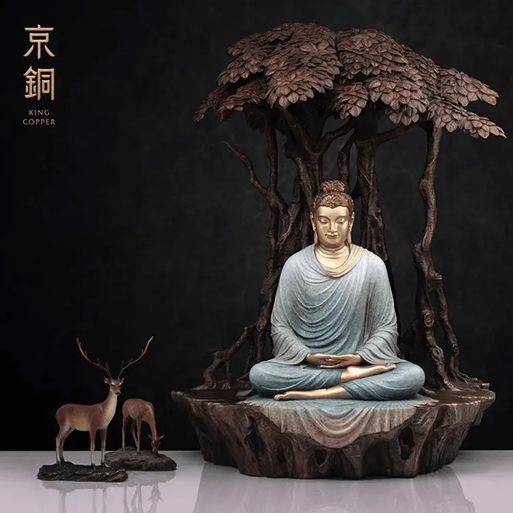 京铜纯铜鹿野苑释迦牟尼悟道铜雕坐像药师家居玄关摆件创意工艺品