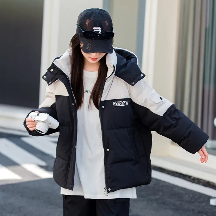 初高中生大童撞色羽绒服厚15岁17少女孩学生白鸭绒派克服外套洋气