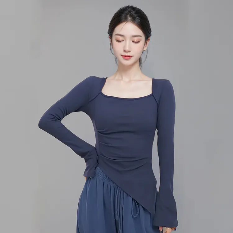现代舞上衣女秋季新款长袖方领修身身韵舞蹈服练功服古典舞形体服