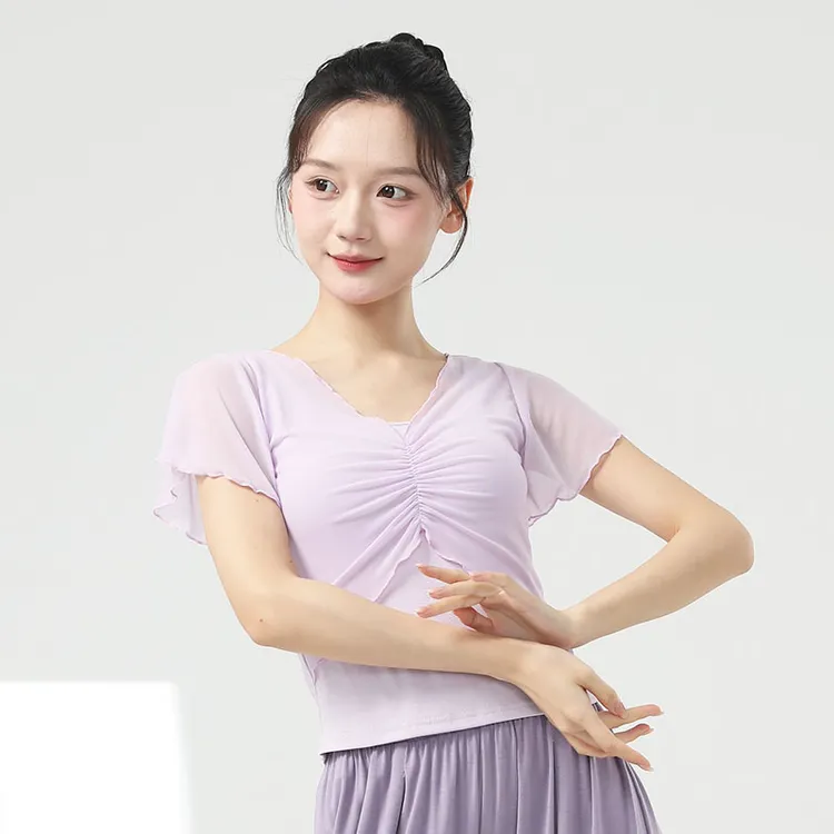 现代舞上衣女夏季新款网纱褶皱飞袖修身练功服舞蹈日常形体训练服