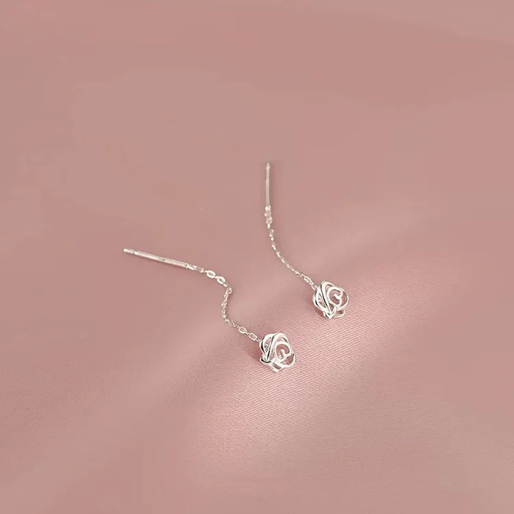 足银耳饰 镂空玫瑰流苏耳环小众设计感银饰耳线纯银长款耳坠女