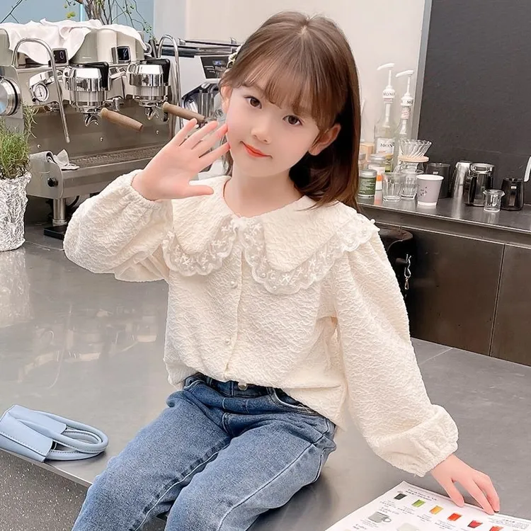 女童春秋衬衫新款蕾丝长袖宝宝女孩韩版开衫外套百搭打底娃娃领