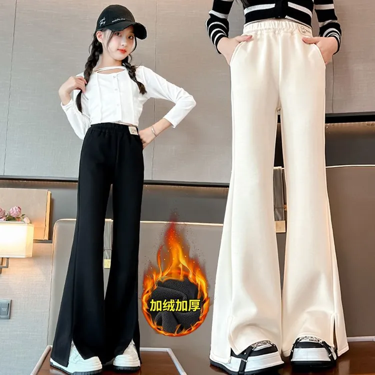 女童加绒裤子喇叭裤冬季一体绒修身时髦长裤小女孩中大童韩版