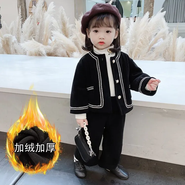 女童小香风加绒套装冬装新款加厚裤子韩版洋气上二件套女宝宝时髦