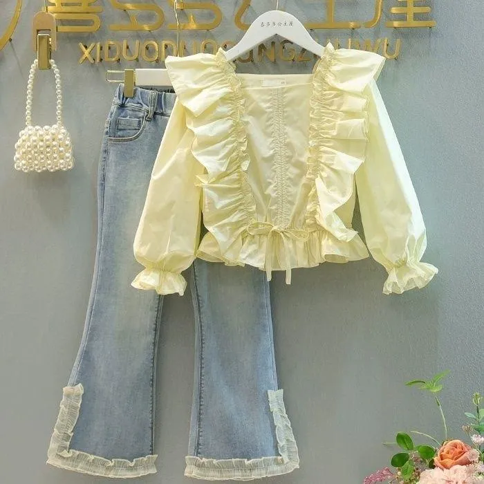 女童春秋套装衬衫牛仔裤2025新款弹力长裤时髦花边裤子抽绳衬衫