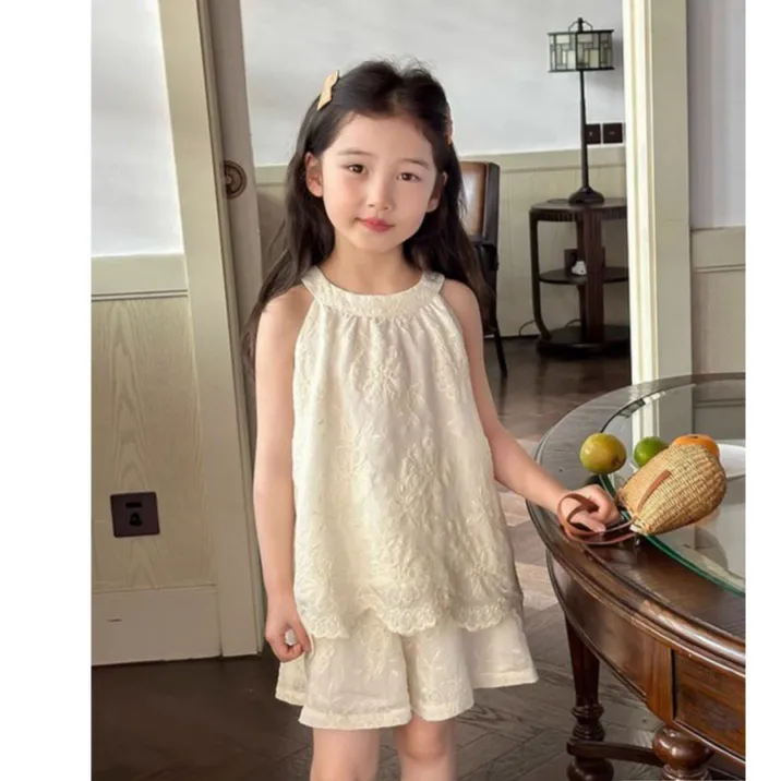 女童夏季套装2025新款洋气潮款童装儿童夏装吊带短裤蕾丝两件套