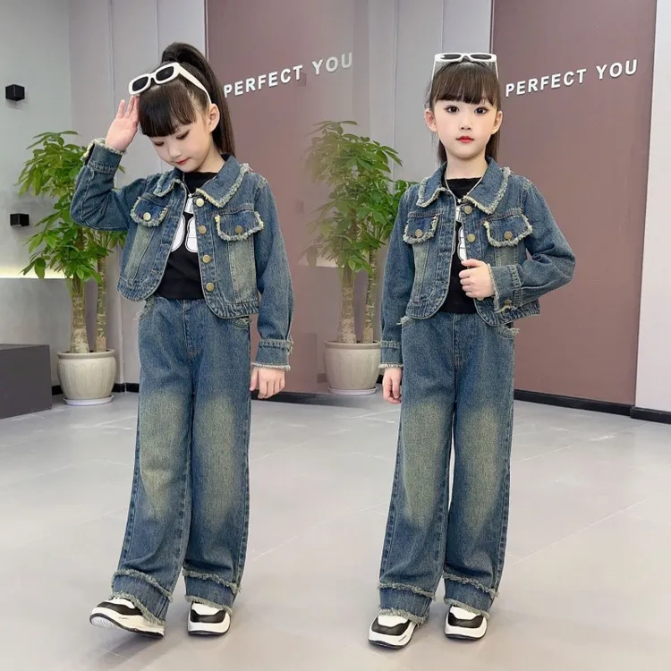女童牛仔套装2025秋季新款洋气中大童韩版短款外套阔腿裤两件套潮