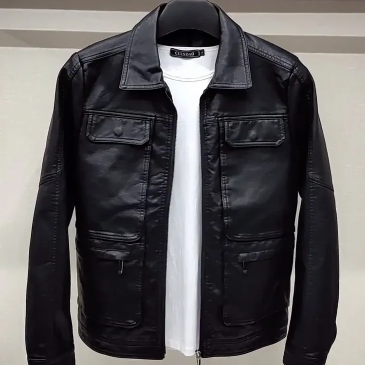 皮衣外套新款男士翻领皮夹克工装机车多口袋潮流韩版百搭春秋外套