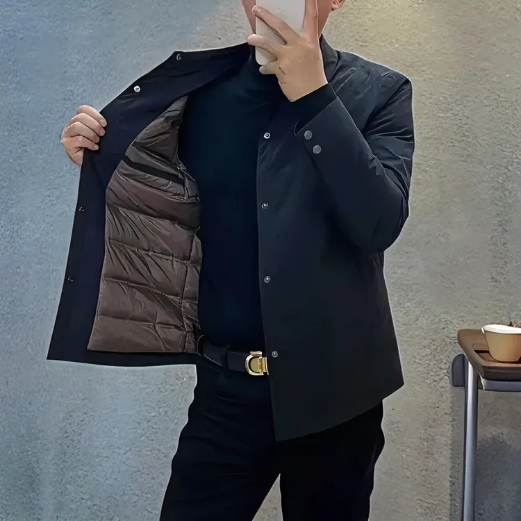 秋冬季轻薄棉服新款男士翻领纯色百搭商务帅气休闲保暖男外套加棉