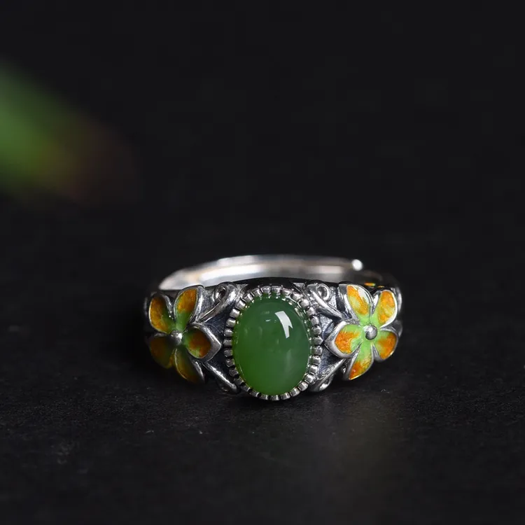 s925银镶嵌碧玉戒指女款开口复古指环小众复古个性简约时尚指环 