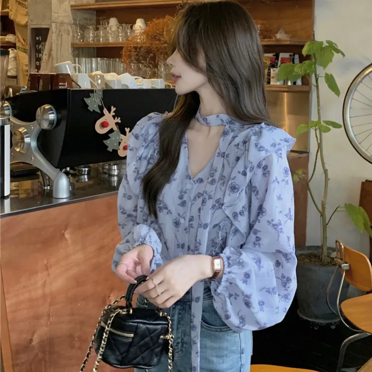 法式轻熟风v领碎花衬衫女秋季设计感荷叶边系带长袖衬衣别致上衣