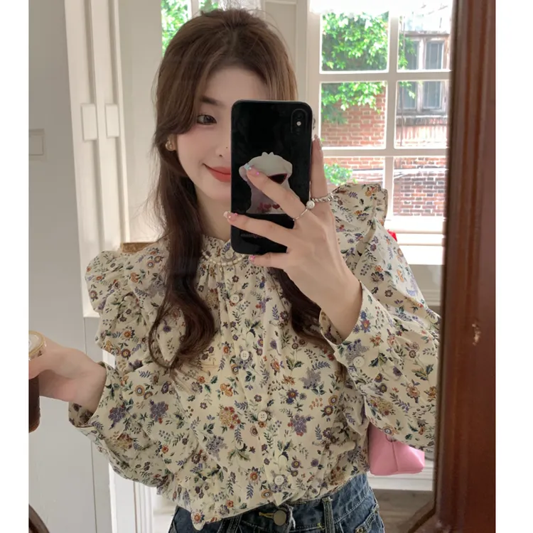 9101设计感小众碎花长袖衬衫新款法式甜美女装衬衣宽松上衣