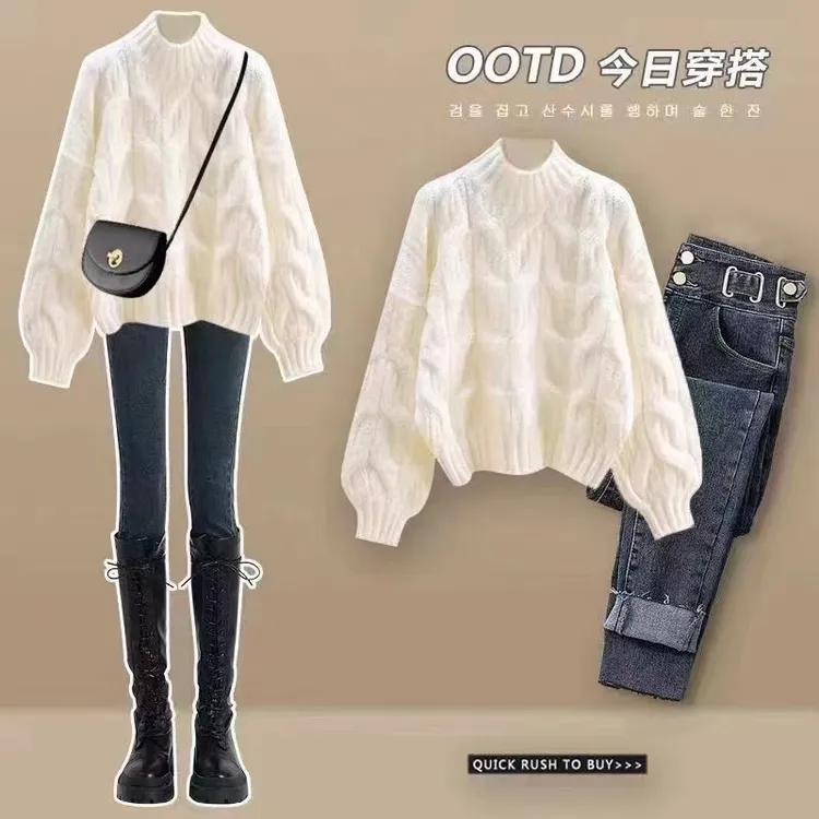 白色高级感麻花针织韩版毛衣宽松大版软糯别致上衣女百搭秋冬洋气