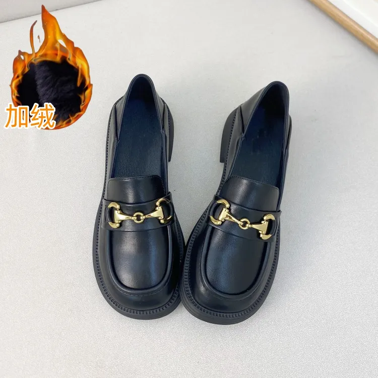 乐福鞋女2024秋冬新款百搭厚底英伦小皮鞋女一脚蹬单鞋加绒工作鞋