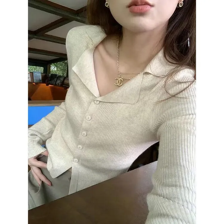 春秋冬韩式洋气针织衫打底女修身纯欲风设计感小众翻领开衫上衣潮