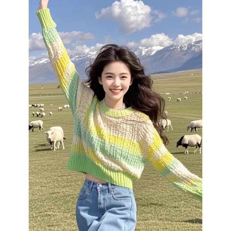 2024早秋新款小个子慵懒风高级感黄绿色毛衣针织衫女秋冬短款上衣