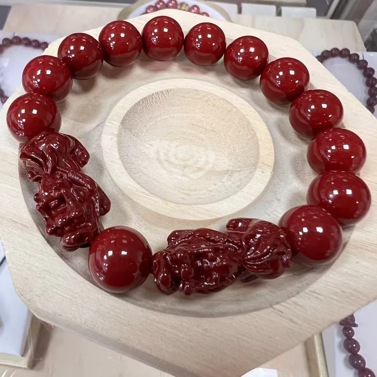 含辰砂工艺品ZS20大貔貅卡12mm圆珠单圈紫红色古法手串手链简约