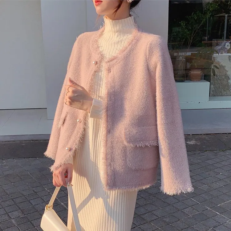 春秋粉色软糯小香风仿仿貂绒外套女高级感针织衫开衫冬季毛衣外套