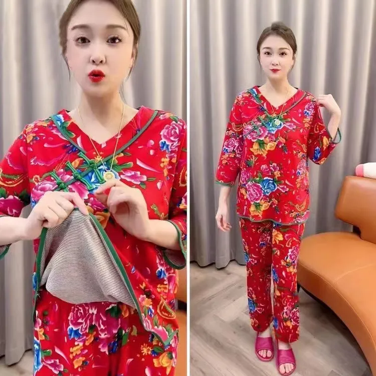 秋冬中国风大花时尚中式网红喜庆民族风休闲宽松大码家居服女款