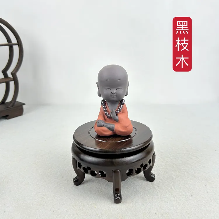 红木黑檀圆形底座雕刻工艺品摆件实木花盆花瓶玉石木托架小脚花几