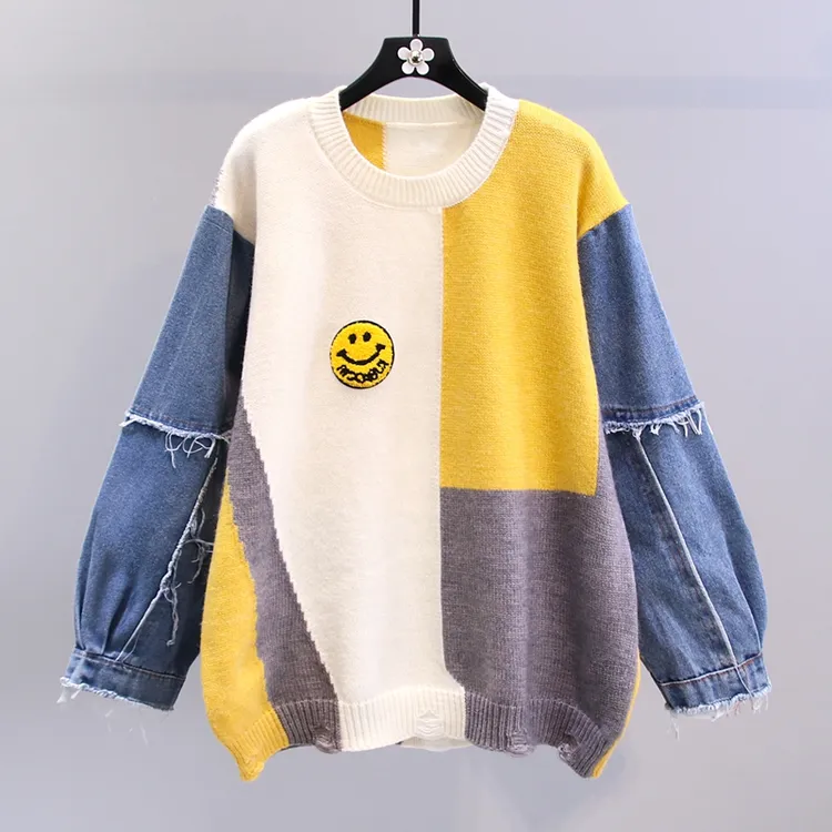 牛仔拼接毛衣女秋冬2024年新款宽松慵懒风外穿设计感拼色针织上衣
