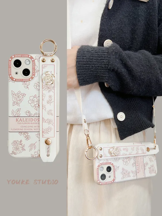 素描花腕带适用iphone12苹果13手机壳14/15Promax斜挎绳华为P60女