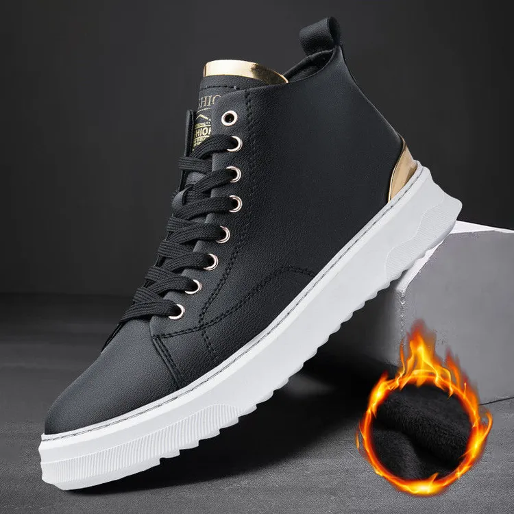 正品真皮男鞋新款高帮鞋男款百搭秋冬款潮流板鞋加绒保暖马丁靴男