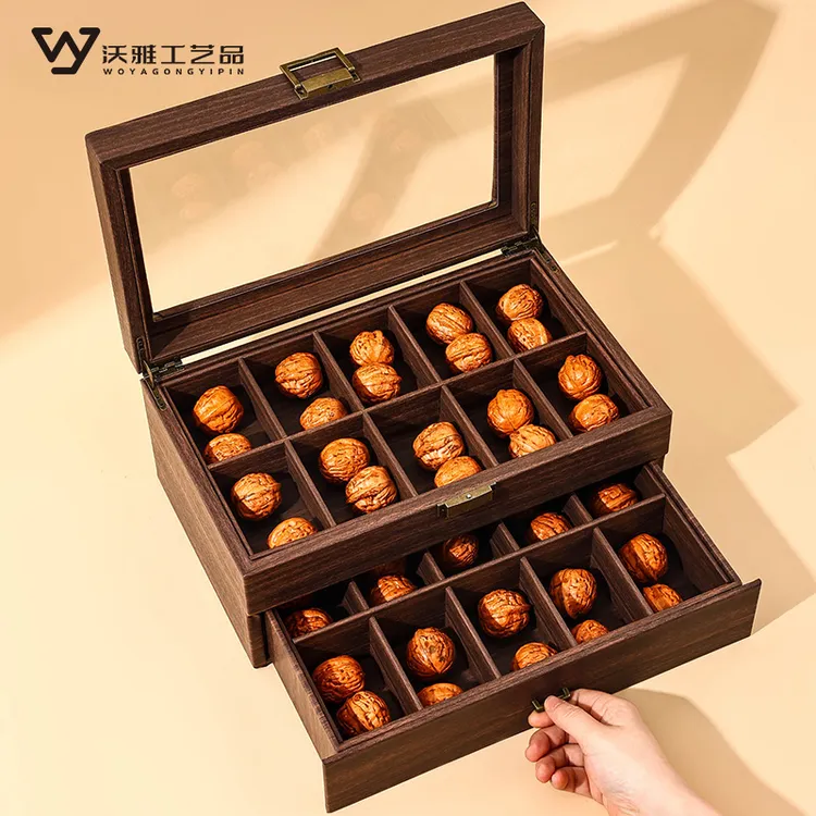 便雅 首饰盒/箱 木纹皮双层大容量文玩核桃收纳盒狮子头核桃收藏