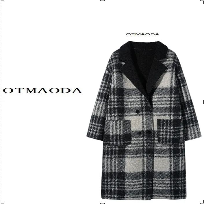 设计感格纹羊卷绒宽松大衣女加厚长款25年秋冬洋气双面穿1920#