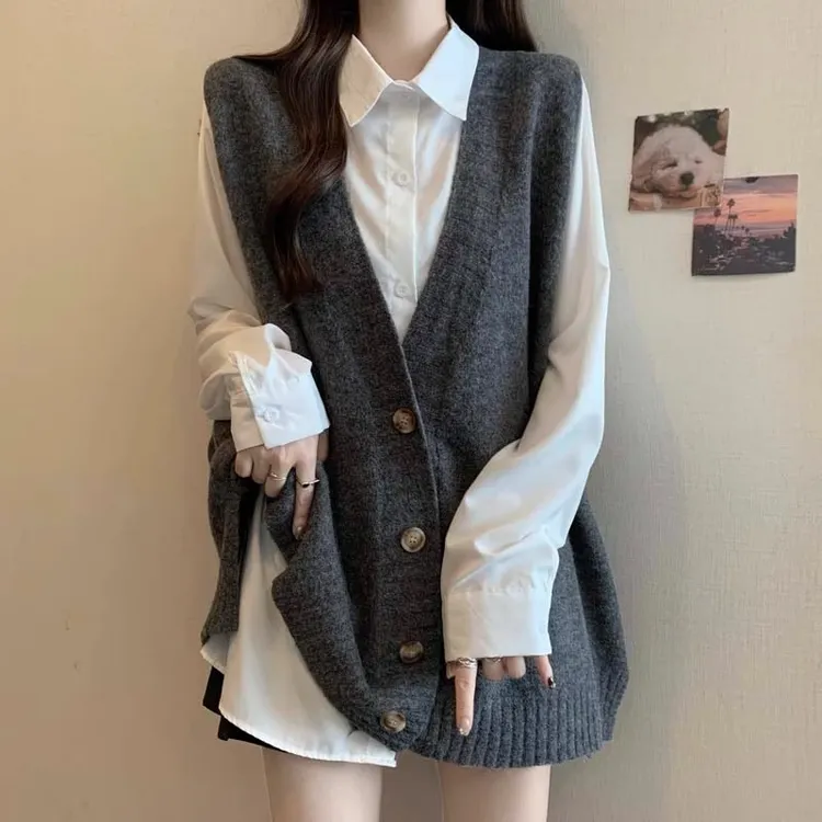 大码遮肚子针织马甲背心女秋冬胖mm显瘦外穿叠穿坎肩毛衣开衫外套