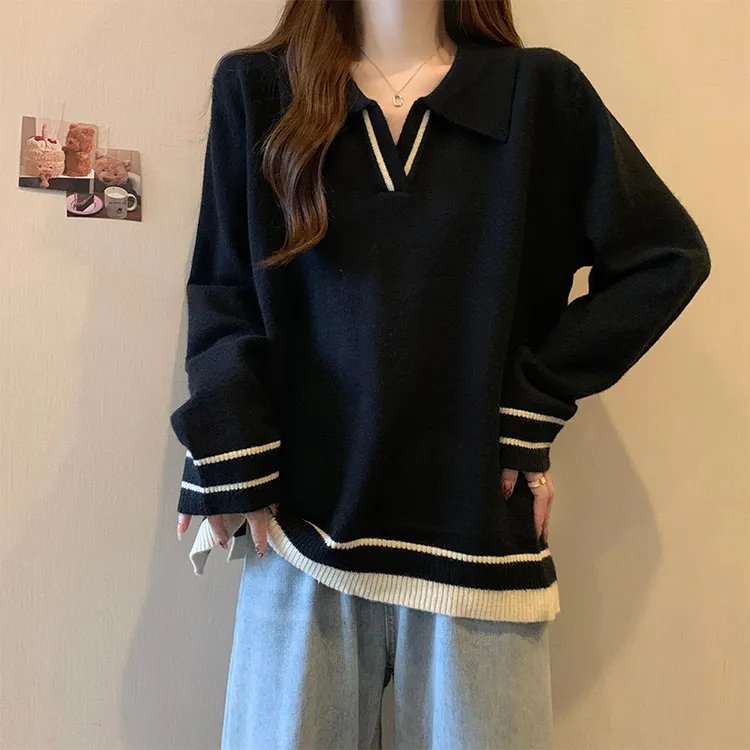 大码遮肚子撞色V领正肩毛衣女秋冬胖mm宽松显瘦内搭长袖针织上衣