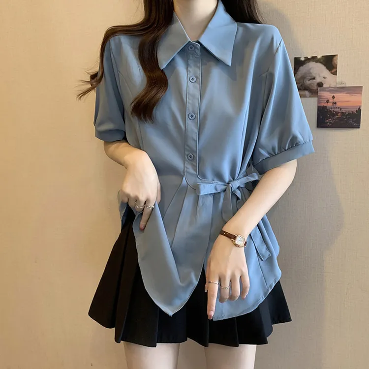 大码遮肚子法式雪纺短袖衬衫女夏季胖妹妹收腰显瘦气质衬衣打底衫