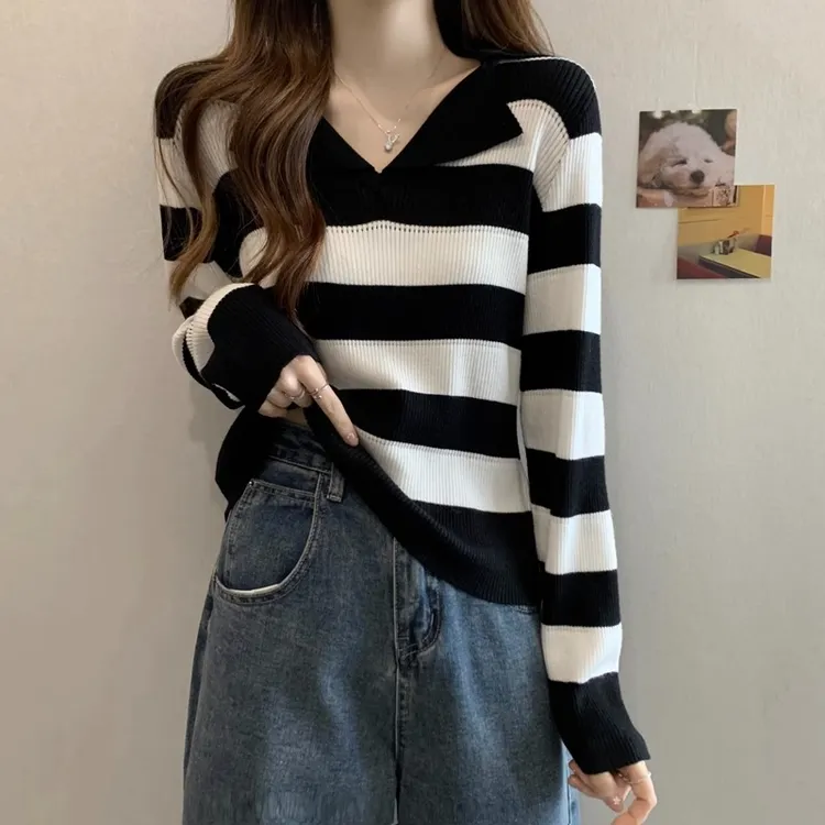 大码女装遮肚子翻领条纹长袖打底衫女早秋胖妹妹修身显瘦针织上衣