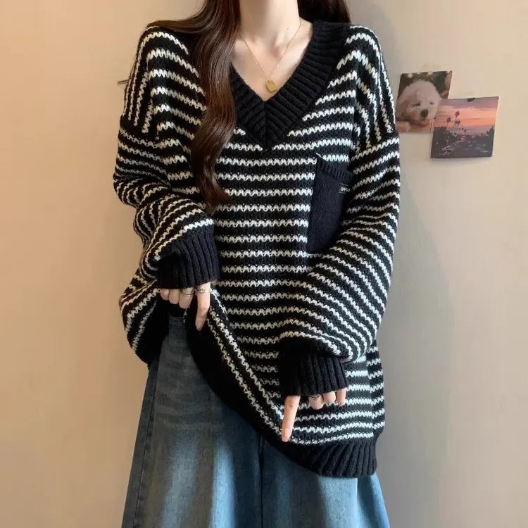 欧货大版条纹针织衫V领毛衣大码女装2024秋冬新款胖mm中长款上衣