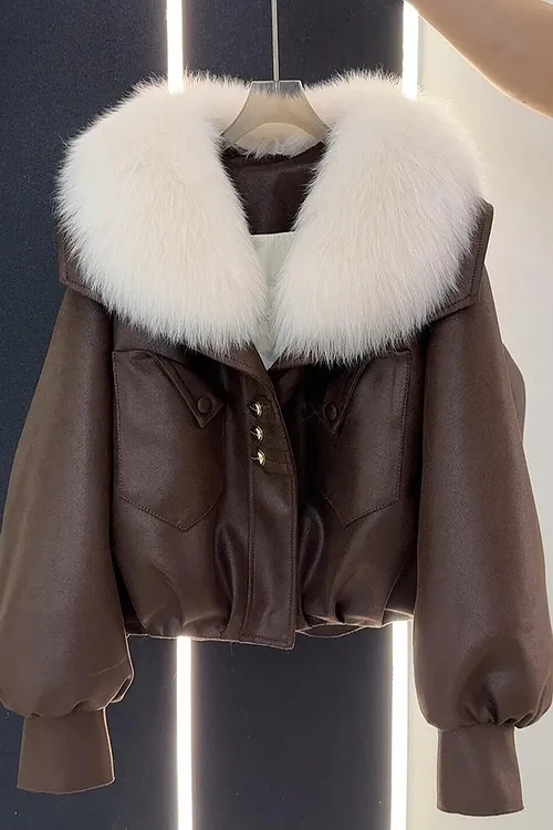 【当日发货】今年爆款欧韩货高端美拉德高级棕色皮衣毛毛领加厚外套