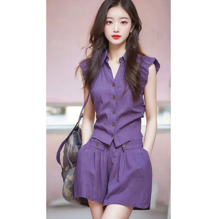 夏装搭配一整套时尚韩系紫色亚麻上衣短裤又a又飒氛围感两件套装