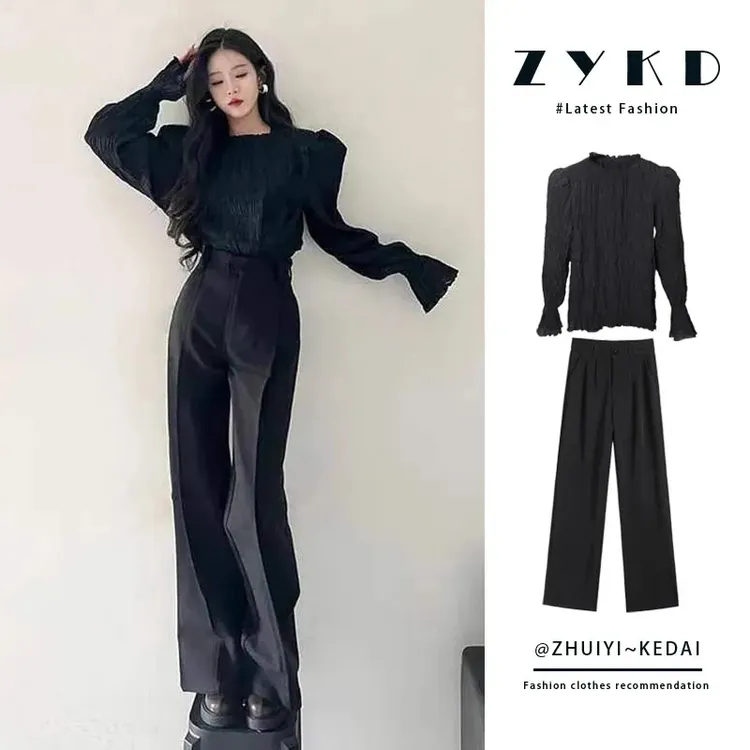 套装女2025新款高级感气质黑色长袖衬衫女显瘦阔腿西装裤两件套潮