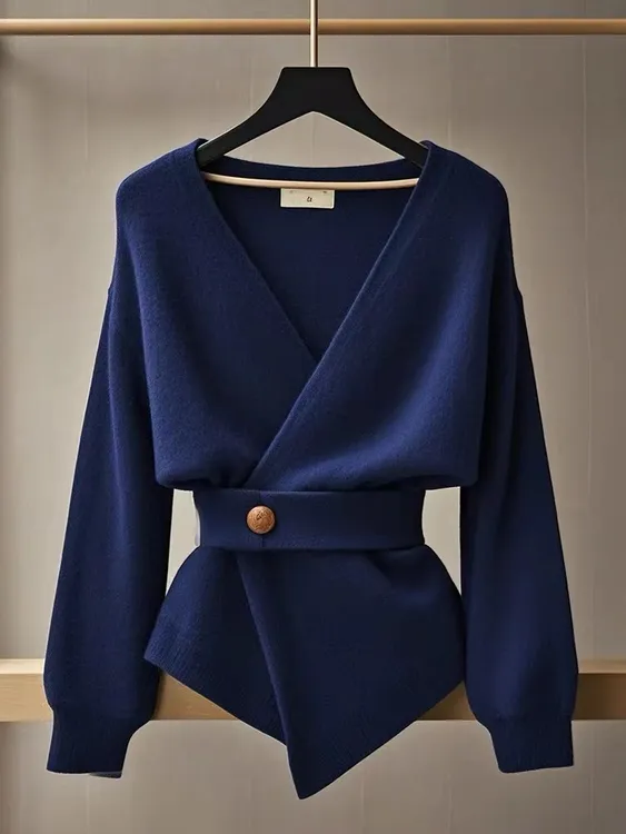 2025早秋季新款藏蓝色V领收腰软糯毛衣针织衫慵懒风chic韩系上衣