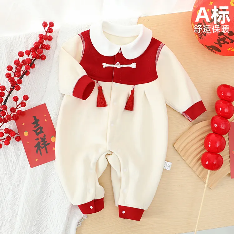 满月宝宝衣服秋冬绒面夹棉保暖婴儿连体衣秋季秋天百天百日宴礼服