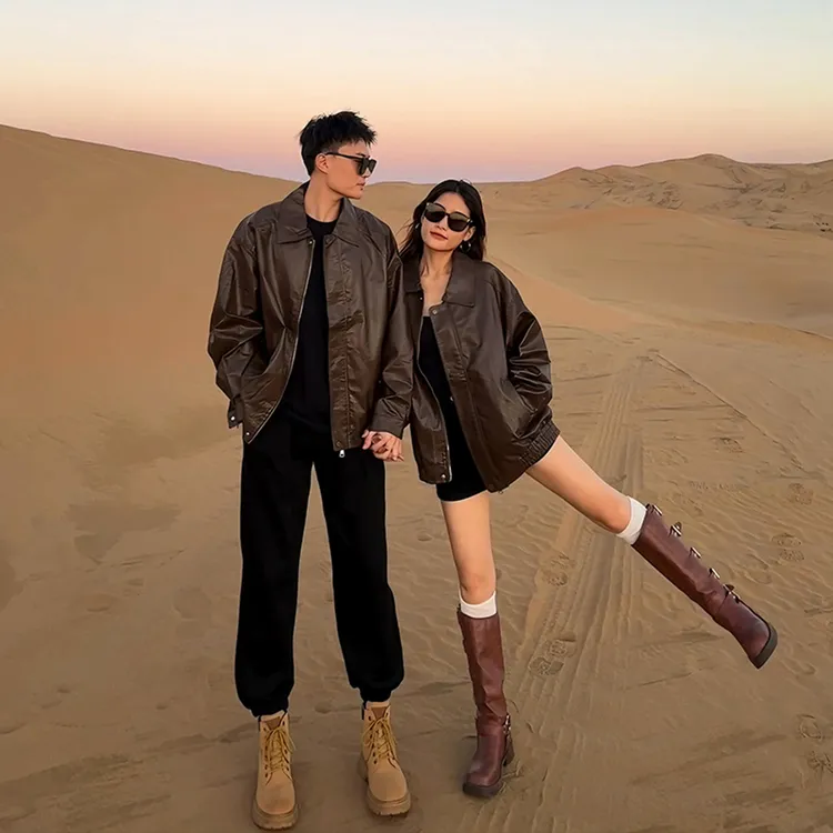 秋冬新款情侣装夹克美式复古嘻哈高街机车风PU皮纯色皮衣外套上衣