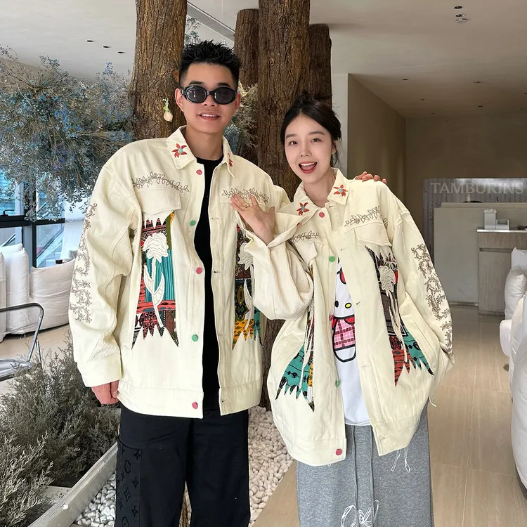 秋季情侣装小众设计感中国风刺绣工装牛仔夹克日系潮牌上衣外套潮