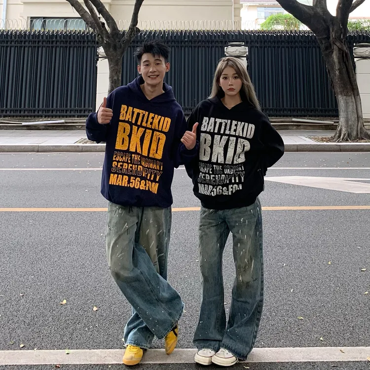 连帽秋季新款情侣装美式复古斑驳做旧字母卫衣小众设计感长袖上衣