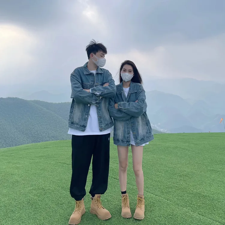 网红情侣装美式潮牌秋季牛仔外套潮流水洗做旧休闲感夹克男女同款