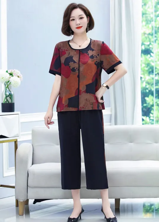 中老年加大大码女休闲气质圆领拼色阔腿裤套装