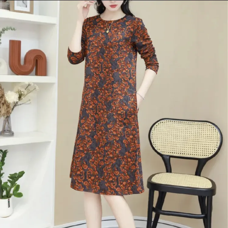 复古中长款圆领长袖时尚印花连衣裙 洋气大码弹力打底妈妈装秋冬