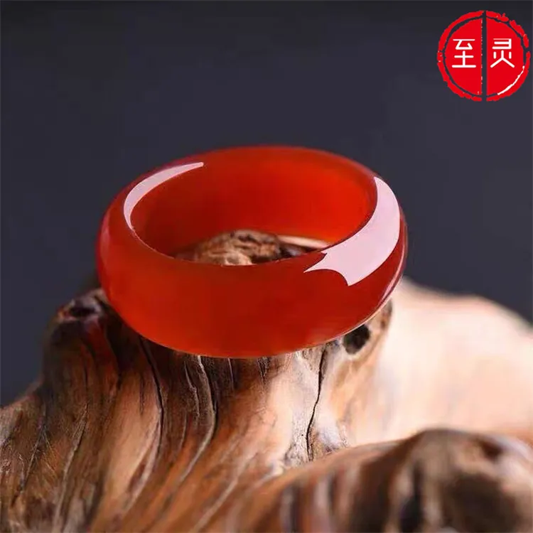 正品红玛瑙招财转运戒指大红扳指玉髓戒指男女情侣指环简约素圈  