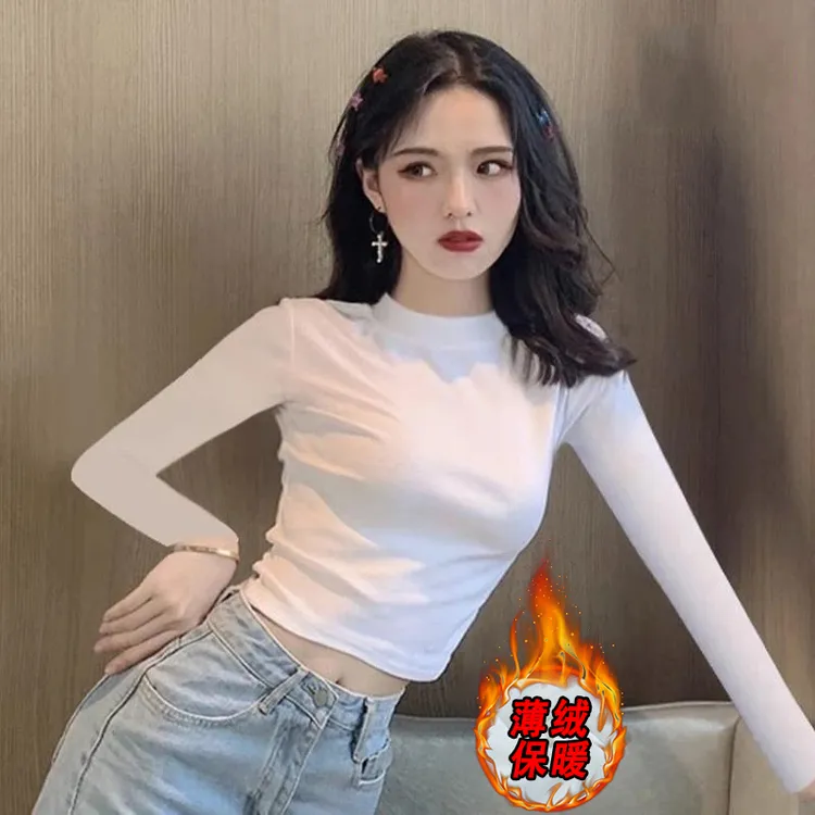 薄绒保暖半高领新款辣妹长袖女春秋冬高腰短款修身打底衫内搭上衣